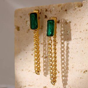 New 18K Gold Plated Green Crystal Chain Earrings